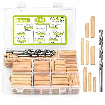 314pcs 8 Size Wood Dowels Kit 1/4 3/8 5/16 Inch Fluted Wooden Dowel Pins Hardware Pins for Woodworking Furniture DIY Crafts with 1/4 5/16 3/8 Inch Drill Bits