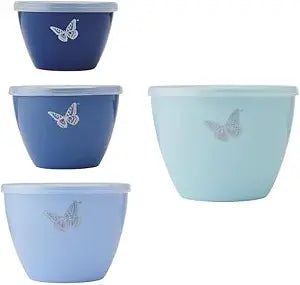 Dolly Parton Prep Bowl Set with Lids, 4 Piece Blue Butterfly Design, Airtight Storage, Mixing and Serving Bowls, Dishwasher Safe, 1 Through 4 Cup Sizes