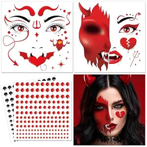 HOWAF Halloween Red Devil Face Tattoos, 2 Demon Full Face Temporary Tattoos with 2 Sheets Diamonds Sticker for Halloween Demon Costume Devil Cosplay Accessories, Devils Horns Tattoo Stickers for Women
