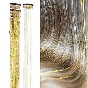 Clip in Hair Tinsel Extensions Golden Highlights for Hair 20.5 Inch 6pcs Each Pack Multi-Colors Gold Synthetic Hair Extensions for Party, Christmas, New Year, Halloween, Cosplay(Golden)