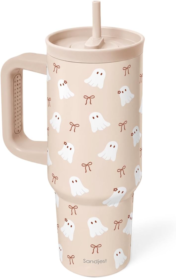 Halloween Boo Stainless Steel Tumbler with Handle, 40 Ounce Locking Lid and Silicone Straw for Sports and Travel Women Girl Teen