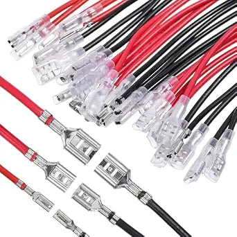 30Pcs 2.8mm 4.8mm and 6.3mm Female Spade Crimp Terminal with Insulating Sleeve and Wire, Red+Black Quick Splice Connector Kit for Speaker Wire, Crimp Terminal Assortment with 30cm Wires