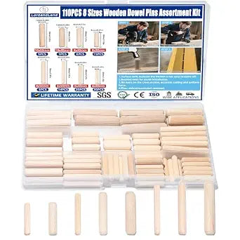 8 Values Wood Dowels Kit 1/4 3/8 5/16 Inch Fluted Wooden Dowel Pins Pegs Hardware Pins Fluted Wood Dowels for Furniture Woodworking DIY Crafts (Pack of 110Pcs)