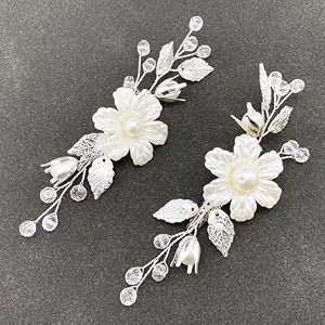 Pearls Flower Hair Clips 2pcs Bridal Ivory Floral Silver Leaf Vine Hair Pieces Accessories for Wedding Women