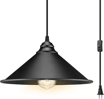 Black Plug in Pendant Light, Industrial Hanging Light with Plug in Cord
