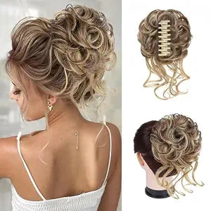 Large Messy Bun Hair Pieces for Women Wavy Curly Fake Hair Bun Extensions Ponytail Hairpieces for Updo Natural Synthetic Claw Clip Bun Hair Accessories Light Brown mix Blonde