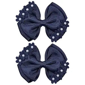 4" Navy Blue Flower Hair Bows for Girls Pearl Bowknot Hair Clips Floral Ribbon Alligator Barrettes Toddler Teen Kids Women Wedding Pageant Communion Party Dress Decor Accessory