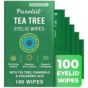 100PCs Tea Tree Eyelid Wipes ��� Cleaning Eye Wipes for People with Dry Eyes & Allergies ��� Gentle Eyelid Cleanser with Hyaluronic Acid, Chamomile and Aloe ��� Individually Wrapped & Biodegradable