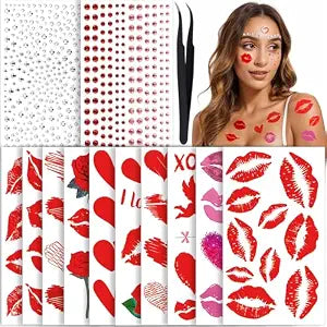 YGDZ Kiss Tattoos Temporary Set, Red Lip Tattoo Stickers & Face Gems for Valentines Makeup, 10 Sheets Lipstick Kiss Temporary Tattoo, Heart Fake Tattoos, Hair Gems, Body, Face Rhinestones for Women