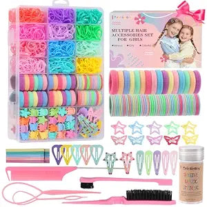 Hair Accessories for Girls, 1350P Colorful Hair Ties with 72P Hair Clips