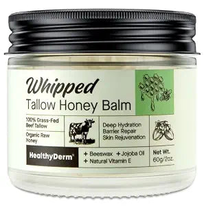 Beef Tallow Honey Balm for Skin: 100% Grass Fed Whipped Organic Moisturizer with Organic Raw Honey, Jojoba Oil, Vitamin E ��� Natural Face and Body Care for Mature, Dry or Sensitive Skin, 2oz