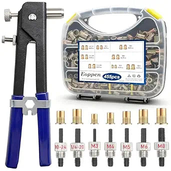 455Pcs Rivet Nut Tool Kit, Rivnut Tool Kit with 7 SAE and Metric Mandrels (10-24, 1/4-20, M3, M4, M5, M6, M8) and Rivet nut Assortment Kit with Rugged Carrying Case (Carbon Steel)