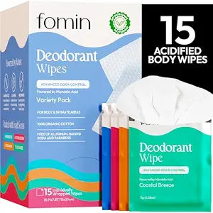 FOMIN Acidified Deodorant Wipes for Women & Men - 15 Count Variety Pack