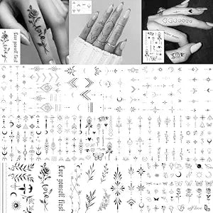 200+ PCS 18 Sheets Y2K Geometric Lotus Arrow Temporary Tattoos For Men Women Adults Finger Hands, Waterproof Realistic Tiny Rose Flower Leaf Fake Tattoos Black Small Butterfly Sun Moon Tatoo Stickers