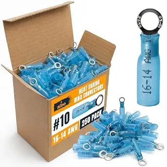 ALBO 250PCS #10 Blue Heat Shrink Ring Terminal Kit  16-14 AWG Wire Terminal Connectors Assortment, Waterproof Tinned Copper Electrical Ring Connectors