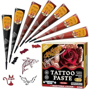 7 Pcs Temporary Tattoo Cone Kit, Tattoo Cones 3 Color (2 Black,2 Cherry Red,3 Reddish-Brown) ï¿½ï¿½ï¿½ï¿½ï¿½ï¿½ï¿½ï¿½ï¿½India Body Art Skin Paint Tattoos Paste for Women, Men & Teens, Perfect for 