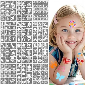 Yazhiji 183PCS Temporary Tattoo Stencils, Paint Stencils Kit on Face and Body, Girl Boy Glitter Tattoos Stencils Pack for Kids School Show Birthdays Halloween Christmas Party Favor Supplies