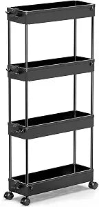 SPACEKEEPER Slim Rolling Storage Cart, 4 Tier Bathroom Cart Organizer,Black