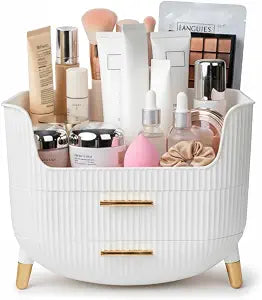 HALAFE Makeup Organizer with Drawers, Skincare Storage Box for Vanity, Multiple Compartments, Portable Cosmetic Display Case with Handle, Large Make up Organizers for Dresser, Bathroom, Bedroom, White