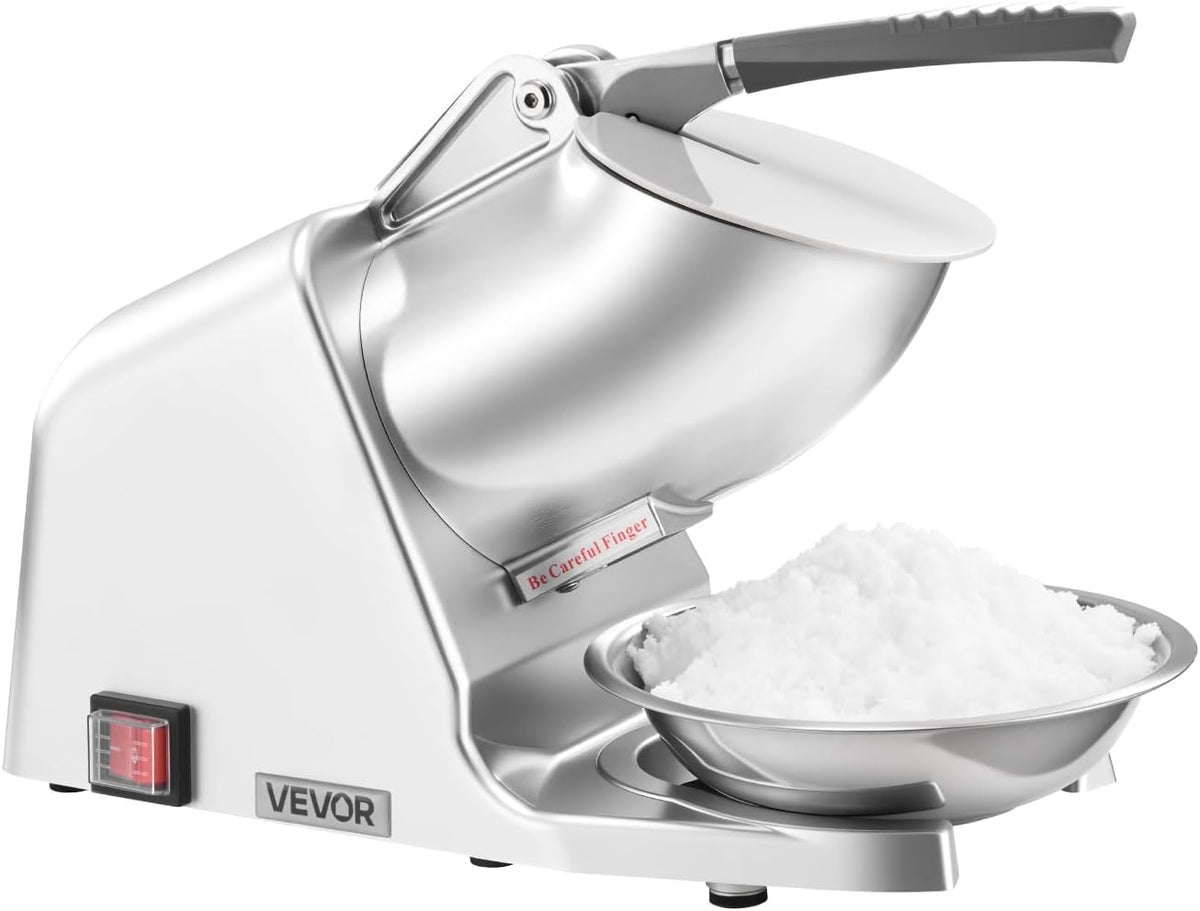 VEVOR Ice Crusher Machine, 143lbs Per Hour Electric 2 Blades Snow Cone Maker, Stainless Steel Shaved Ice Machine with Bowl and Cover, 300W 2000RPM Ice-Shaver for Home and Commercial Use, Silver