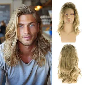 Long Blonde Wigs for Men Synthetic Layered Wavy Cosplay Party Wig