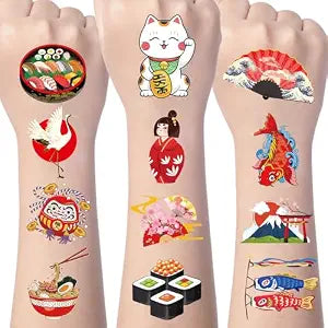 Gameza Japanese Hibachi Temporary Tattoos - 200+ Hibachi Birthday Party Decorations Japanese Paper Fans Lanterns Tattoo Stickers Gifts, Asian Chinese Baby Shower Wedding Birthday Supplies Prizes
