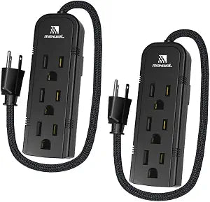 Small Power Strip 1 FT Black 2 Pack, 3 Outlet Short Extension Cord