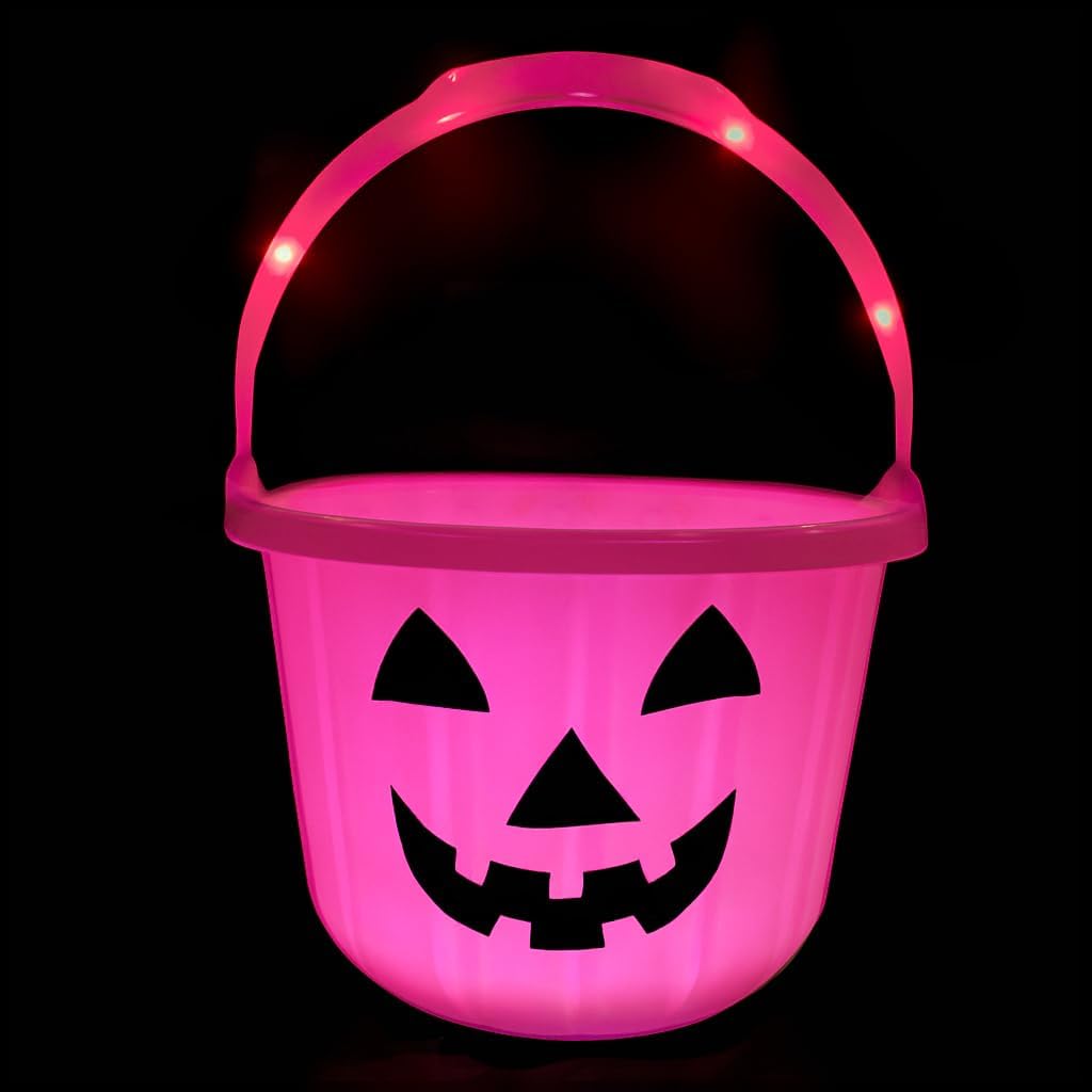 GiftExpress Pink Light Up Halloween Pumpkin Bucket - Plastic Jack O Lantern w/Glow In The Dark Handles - Trick Or Treat Candy Basket & Cauldron Decoration Pail For Kids