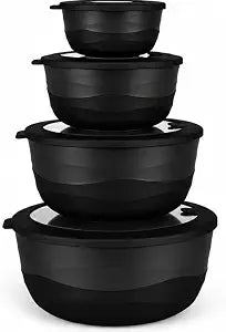 Pera Plastic Mixing Bowls with Lids Set, 8 Piece (4 Bowls + 4 Airtight Lids), BPA Free Nesting Kitchen Bowl Set for Mixing & Food Storage, Microwave & Dishwasher Safe(Pure Black)