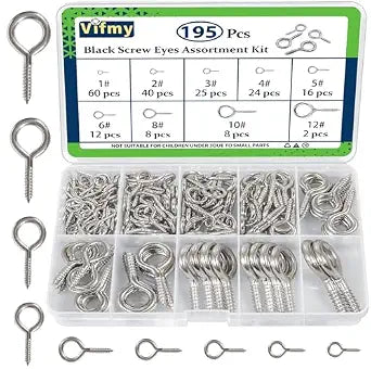 Eye Hooks Screw Assortment Kit, Small Eyelet Screws for Wood 195Pcs