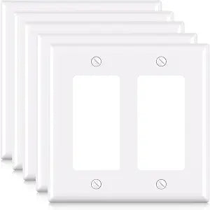 ELEGRP 2-Gang Decorative Wall Plates, Standard Size 4.53" H x 4.57" L Unbreakable Thermoplastic Faceplate Cover for Decorator Receptacle Outlet Switch, UL Listed (5 Pack, Glossy White)