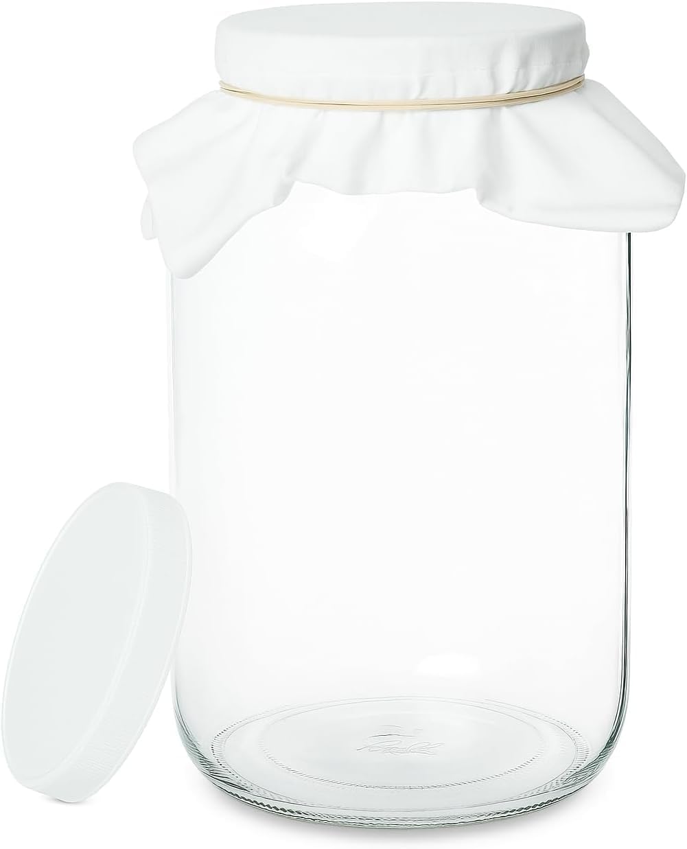 kitchentoolz 1 Gallon Glass Wide Mouth Kombucha Brewing Mason Jar - Home Brewing and Fermenting Kit with Cotton Cloth Filter, Rubber Band and Plastic Lid (1 Jar)
