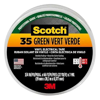 3M Scotch 35 Green Vinyl Electrical Color Coding Tape  0.75 in x 66 ft, 3 in Core  Premium Insulation, Flame Retardant, Weather Resistant  Ideal for Phase Identification and Safety Marking