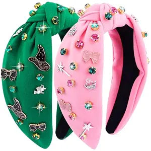 2 Pcs Pink and Green Witch Knotted Headbands for Women Girls Witch Theme Party Headbands Favor for Movie Fans Gifts Halloween Costume Hair Accessories