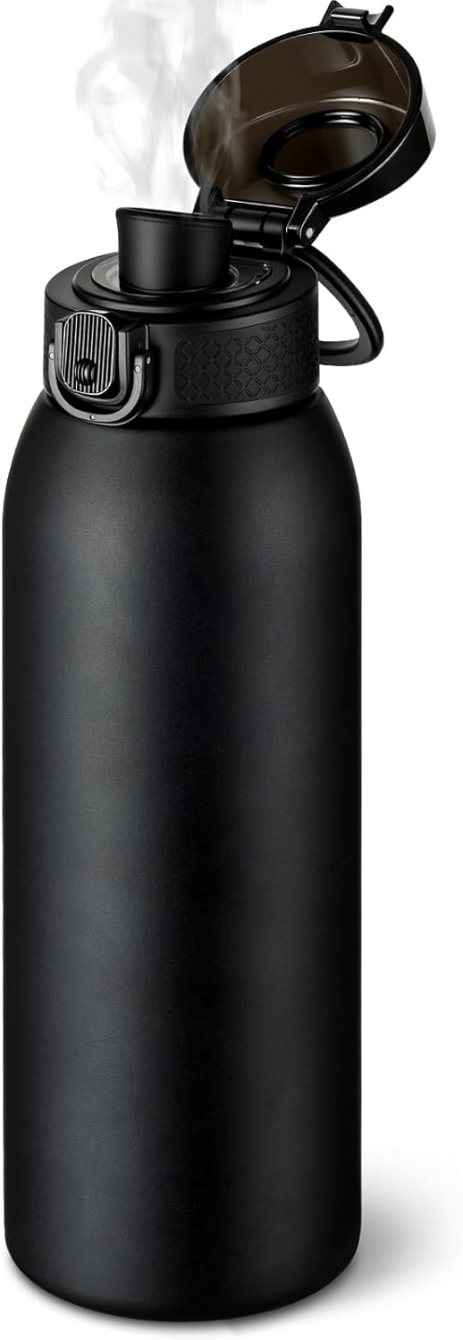Insulated Water Bottle 24 oz with Dustproof Lid, Carry Handle & Tea Infuser, BPA-Free & Leakproof, Stainless Steel Water Bottles Ideal for Fitness, Hiking, Office & Outdoor Use (Black)