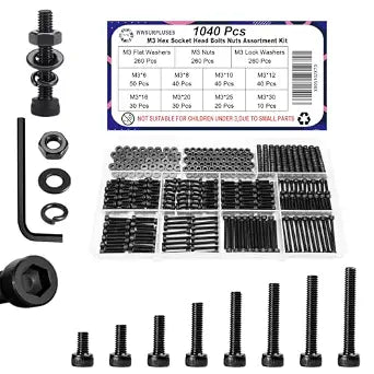 1040Pcs M3 Screw Kit, Hex Socket Head Cap M3 Screws, M3 Bolts Nuts Washers
