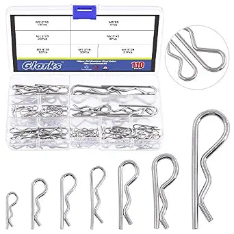Glarks 110Pcs 304 Stainless Steel Hairpin R Clips Kit 7 Size R Cotter Pins Assortment for Automotive, Mechanics, Car Garage, Power Equipment, Cars, Trucks, Lawn Mower, Small Engine Repair