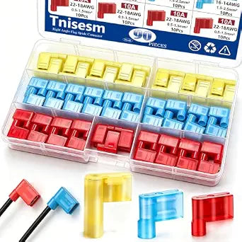 Tnisesm 90Pcs Right Angle Flag Spade Connector Wire Terminal Crimp Connectors Quick Disconnect Female Nylon Crimps Terminals for 22-18 16-14 12-10 AWG Gauge Wiring