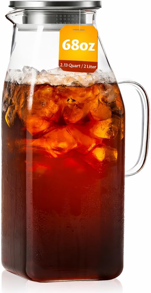 68oz Glass Pitcher with Lid, Borosilicate Glass Carafe with Filter