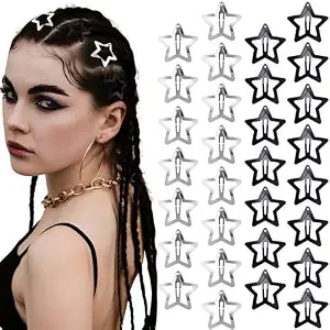 30 Pcs Metal Star Hair Clips 2000s Y2K Snap Barrettes 1.25 In Non Slip Star Hair Accessories for Women,Black Silver
