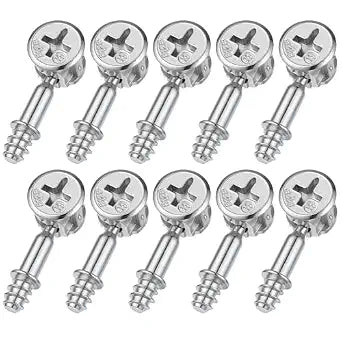 10Pcs Furniture Connecting Fittings and 10Pcs Cam Locks for Cabinets, Furniture Cam Lock Fasteners Thread Bolts Dowel Screws Furnitures Connector Bolts for Drawer and Wardrobe, Silver (28Mm Screw)
