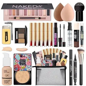 All in One Makeup Kit for Women Full Kit,Travel Make Up Gift Set for Women Teens Girls, Includes Eyeshadow,CC,Foundation,Lipstick,Mascara,Brush,Sponge,Brow Powder & Soap,Eyeliner,Primer,Contour,Bag