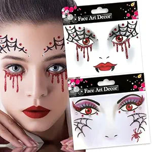 Halloween Face Tattoos Stickers Glitter Spider Vampire Temporary Tattoo Eyes Face Gems Stickers for Women Girls Halloween Party Decorations Supplies 2Pcs