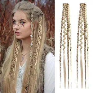 REECHO Clip in Braid Hair Extensions for Women, 16" Boho Dreadlock Clip in Braids with Beads & Charms, 2PCS Synthetic Braided Hairpieces for Cosplay Daily, Medium Blonde with Light Blonde
