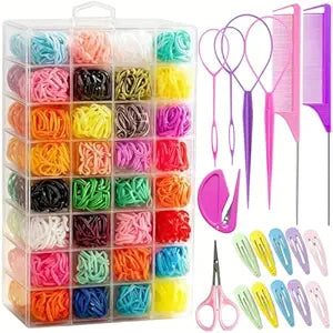 Aigee Small Hair Rubber Bands, 2000 Pcs in 32 Colors with 18 Styling Tools,including rat tail comb, topsy tail tools, snap clips, and elastic cutter, Mini Elastic Hair Ties for Baby,Toddlers, Kids