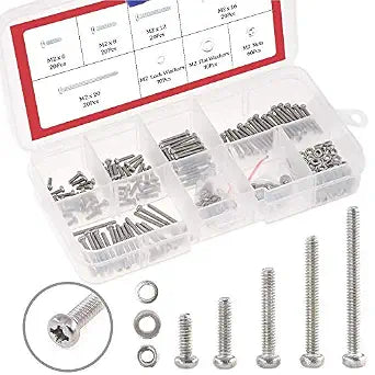Hilitchi 300-Piece M2 Phillips Pan Head Screws Bolt Nut Lock Flat Washers Assortment Kit, 304 Stainless Steel