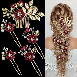 5 PCS Bridal Flower Wedding Hair Pins Crystal Pearl Headpiece Gold Wedding Hair Accessories Jewelry Rhinestone for Brides Bridesmaids Women Girls Updo, Exquisite Flower Leaves&Elegant Burgundy