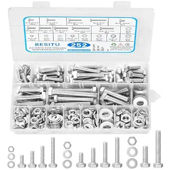 Besitu 252Pcs Hex Bolts and Nuts Assortment Kit, 1/4-20, 5/16-18, 3/8-16 Assorted Bolts Nuts and Washers Kit, 304 Stainless Steel Machine Screw Sets with Case