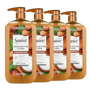 suave+ Cocoa Butter + Shea Moisturizing Body Wash with Glycerin & Vitamin E, Hydrating Skin Cleanser For Soft, Smooth Skin, Long Lasting Scent, Paraben Free, 30 FL OZ Pump, 4 Count