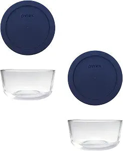 Pyrex (2 7201 4-Cup Glass Bowls with (2) 7201-PC Blue Lids - Made in USA